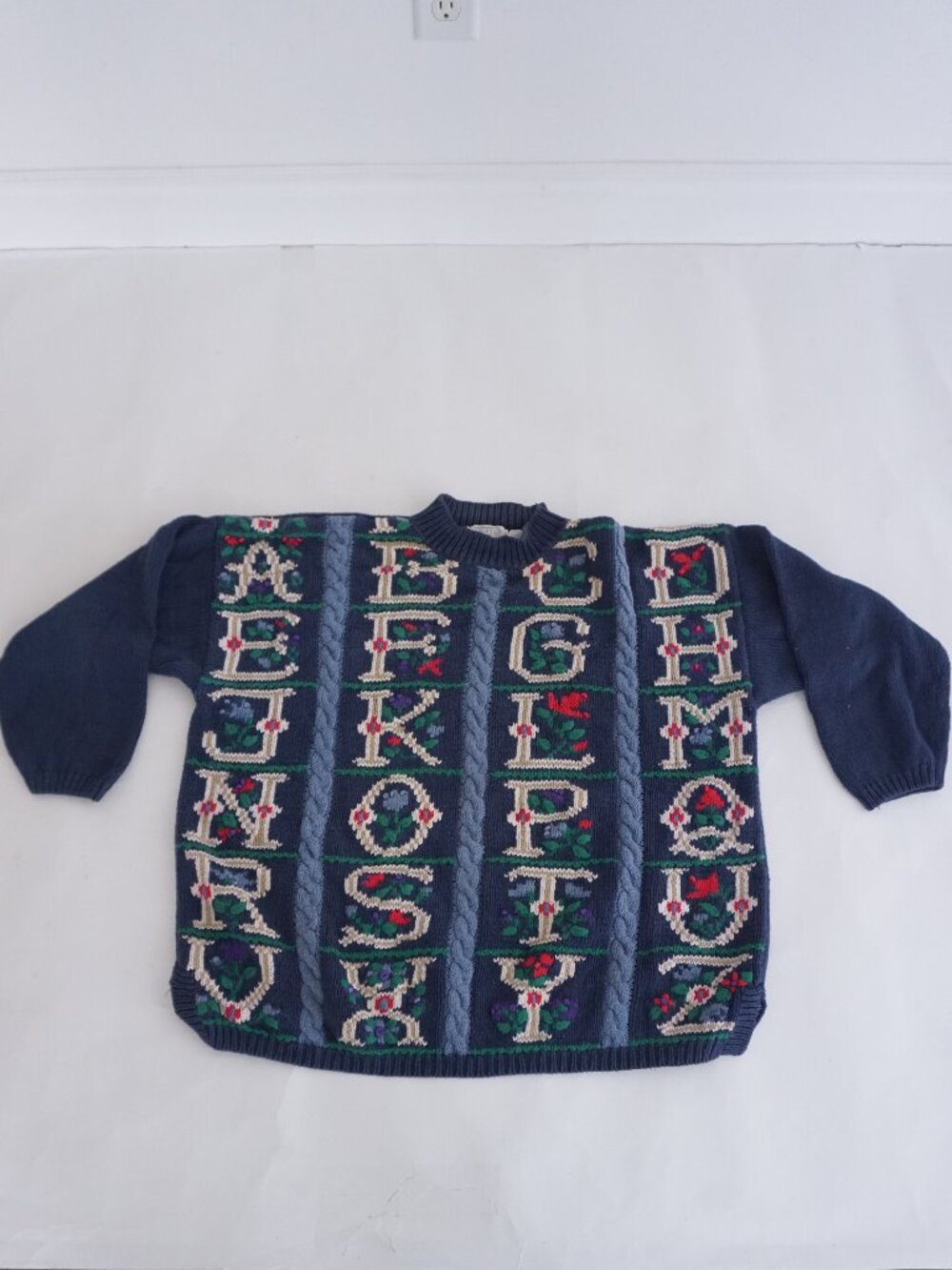 Vintage Ashley II Navy Alphabet Floral Knit Library Bookish Teacher Sweater 3X